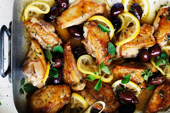 Braised chicken with lemon, oregano and olives. 