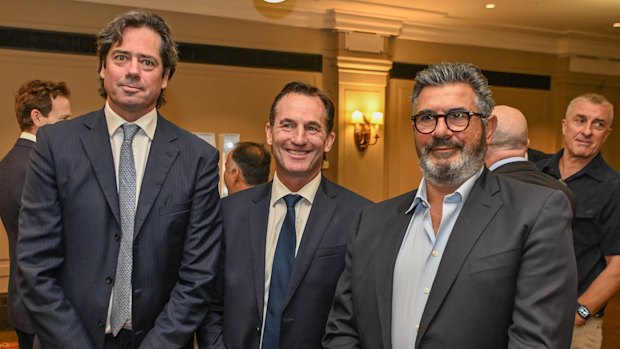 Former AFL CEOs Gillon McLachlan (left) and Andrew Demetriou (right) with current league boss Andrew Dillon at Neil Mitchell’s departure from 3AW Mornings last year.