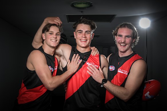 Essendon’s first-round selections, Jacob Farrow, Robey, and Dyson Sharp.