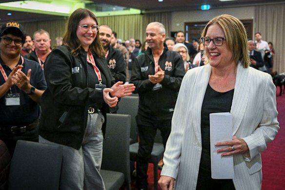 Premier Jacinta Allan is applauded after speaking at the Victoria Labor State Conference at Moonee Valley Racecourse this week.