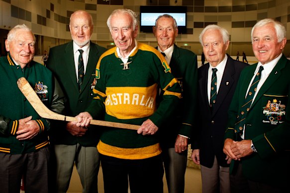  Russell Jones, Noel McLoughlin, Basil Hansen, Noel Derrick, Ken Wellman and Rob Reidwere - members of the 1960 Australian Olympic ice hockey team, pictured in 2010.