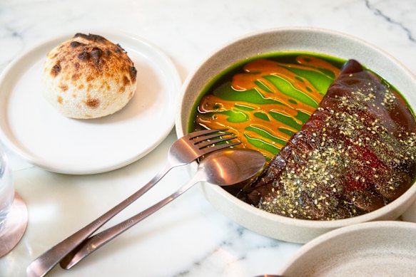 Beetroot, sheep’s curd, pomegranate and house pita at Nour.