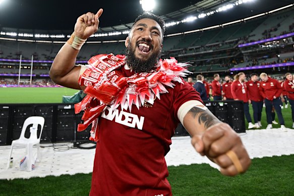 Bundee Aki celebrates the series win.