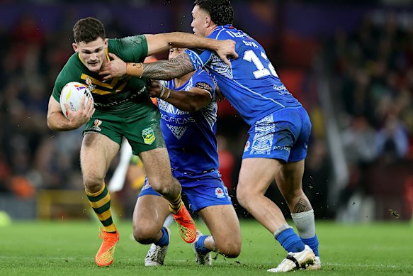 Samoa’s Jaydn Su’a tackles Nathan Cleary during the World Cup final in 2022.