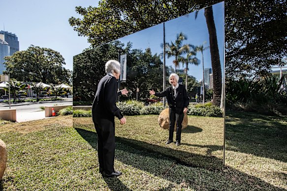 Joy Wennerbom with the Lee Urfan installation in its new home between the old and new art gallery buildings.