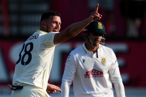 Australia’s Josh Hazlewood successfully appeals for lbw against South Africa’s David Bedingham.