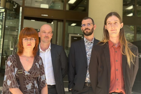 Matilda Lane-Rose, Jesse Noakes, Gerard Mazza and Emil Davey outside court on Tuesday.