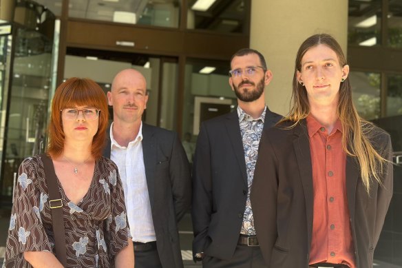 Matilda Lane-Rose, Jesse Noakes, Gerard Mazza and Emil Davey outside court on Tuesday.