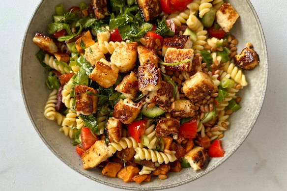 Caramelised halloumi brings its golden magic to this pasta salad.