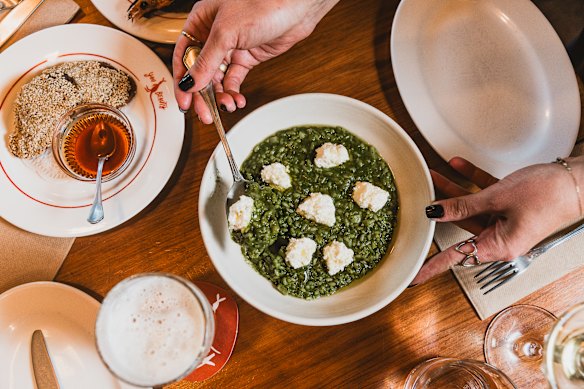 Wild greens tachiminori rice and whey ricotta served with crocodile toast (left).