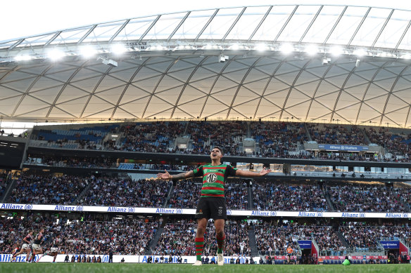 Latrell Mitchell after kicking a goal in Souths’ win over the Roosters in the first week of the 2022 finals.