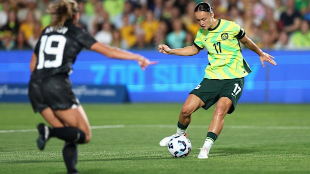 Amy Sayer scores her opener against New Zealand in Gosford.