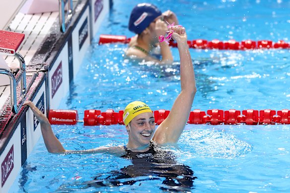 Meg Harris wins gold in the women’s 50m freestyle at the world swimming championships. 