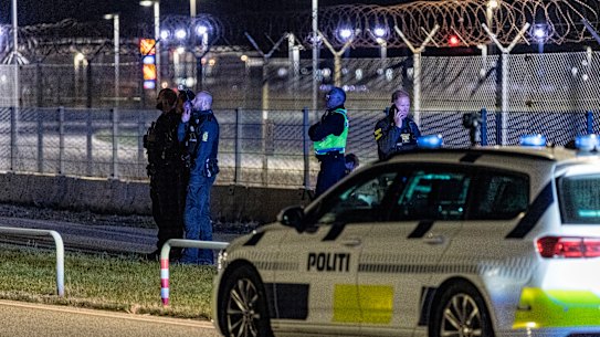 Danish police patrol at Copenhagen Airport in September after a drone incursion.