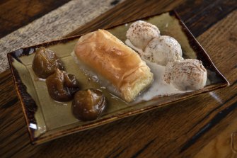 Greek desserts include baked figs in cognac served with halva ice cream.