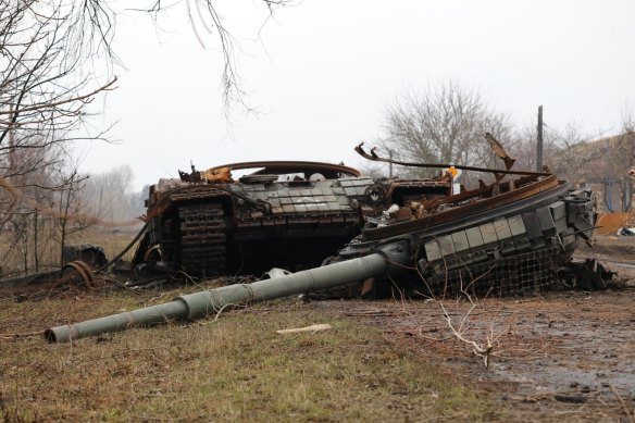 A destroyed Ukrainian Army tank T-64BV in the Kursk region of Russia after it was taken back by Russian troops.