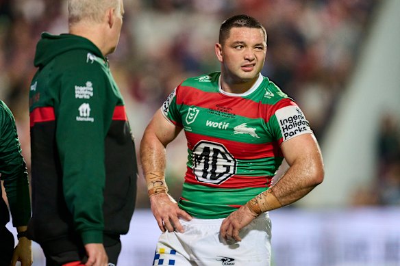 Brandon Smith hobbled from the field in his first game for the Rabbitohs against Manly.