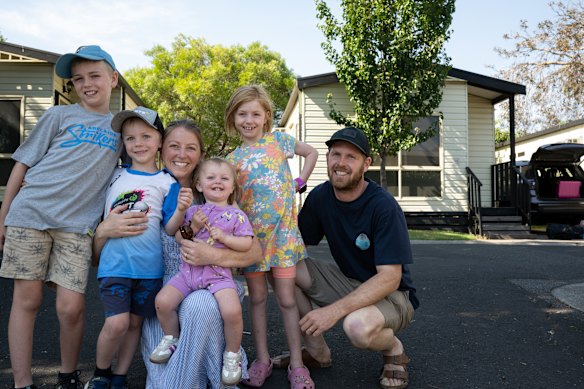  Amy and Tim Cawrse at BIG4 Melbourne Holiday Park in Coburg with children Isaac, 9, James, 4, Madeline, 1, and Natalia, 8.