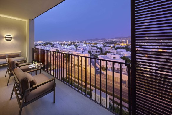 Balcony view of whitewashed Muscat from the Mandarin Oriental.