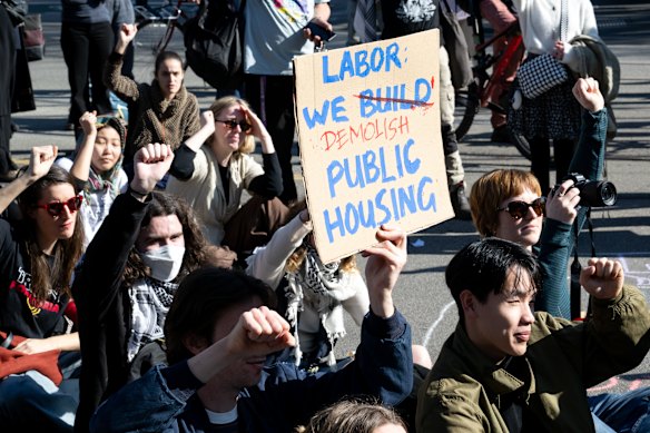 Protesters rallying outside Parliament House on Saturday oppose demolition of Melbourne’s public housing towers. 