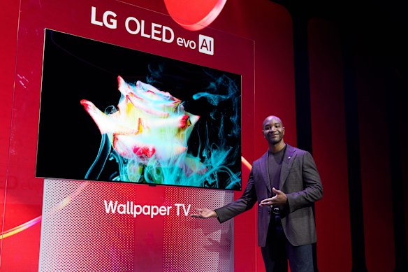 Aaron Westbrook of LG Electronics US unveils the LG OLED evo W6, the world’s thinnest, true wireless wallpaper TV.