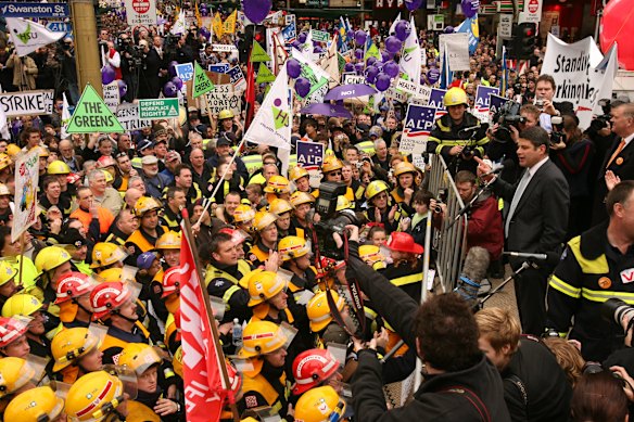 Thousands of workers and  union supporters rally in Melbourne in 2006 to protest against the Howard government’s WorkChoices legislation.