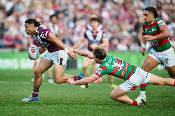 Tolutau Koula spies open space against Souths.
