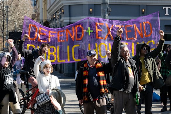 Protesters at the Save the Public Housing Towers rally at Victoria’s Parliament House on Saturday.