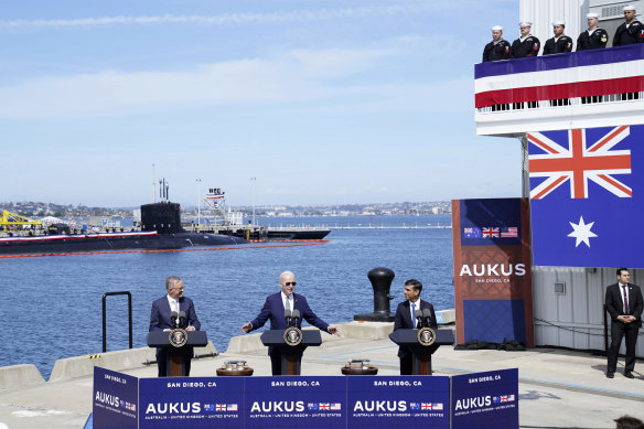 Anthony Albanese, Joe Biden and Rishi Sunak announce the AUKUS deal.
