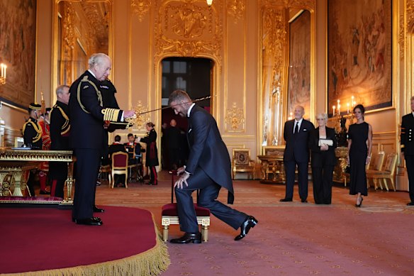 Sir David Beckham is made a Knight Bachelor by King Charles III during an Investiture ceremony at Windsor Castle.