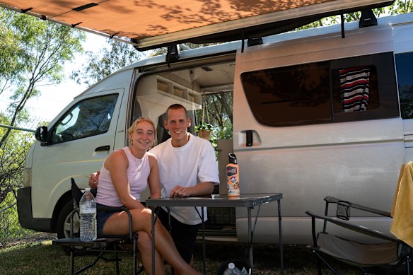  Dutch tourists Floor van Dijk and Glenn van den Heuvel relax near Edgars Creek, Coburg.