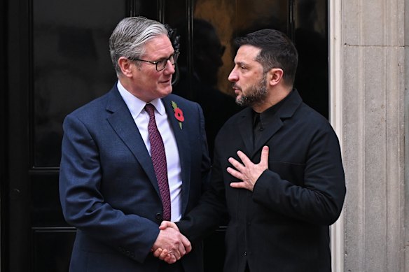 British Prime Minister Keir Starmer greets Ukranian President Volodymyr Zelensky ahead of the “Coalition Of The Willing Meeting” at 10 Downing Street.