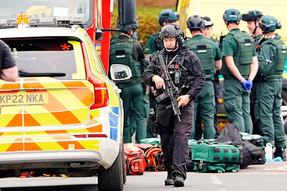 Emergency services at the scene of the attack on the Heaton Park synagogue in Manchester in October.