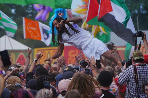 Bob Vylan performs at the Glastonbury Festival on Saturday.