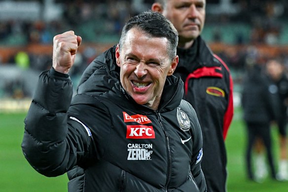 Magpies coach Craig McRae after his side’s qualifying-final win over the Crows this year.