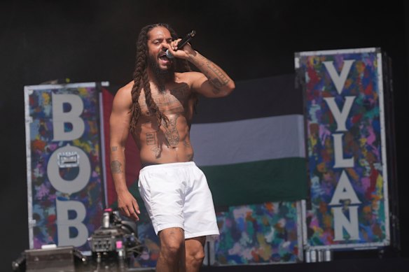 Bobby Vylan of punk-rap duo Bob Vylan on stage at Glastonbury in June this year. 