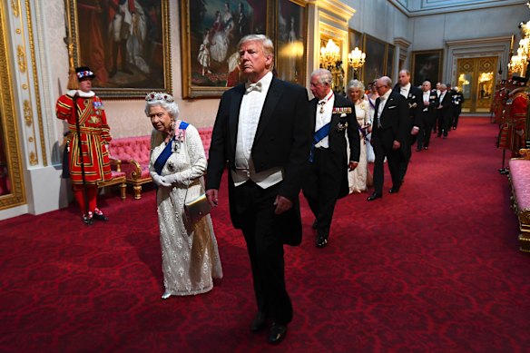 Donald Trump with the Queen at Buckingham Palace, 2019.