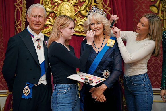 Camilla, Queen Consort wax figure at Madame Tussauds in London.