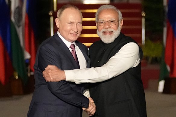 Russian President Vladimir Putin with Indian Prime Minister Narendra Modi in December 2021. Months later, India joined China in abstaining on a UN motion condemning Russia’s February 2022 invasion of Ukraine.