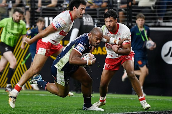 Leeds winger Maika Sivo scores one of his four tries against fellow Super League side Hull KR in Las Vegas.