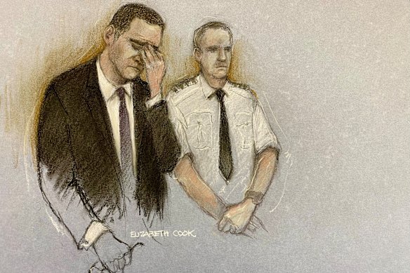 A courtroom sketch shows Paul Doyle appearing for sentencing at Liverpool Crown Court.