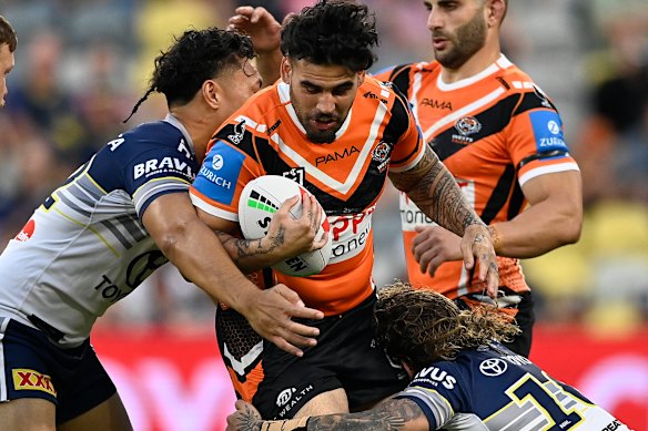 Wests Tigers prop Terrell May in action.