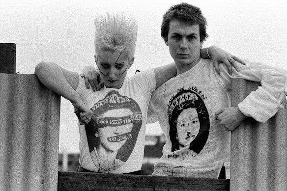 Pamela Rooke, aka Jordan, and Simon Barker, aka Six, model God Save The Queen T-shirts from the Seditionaries boutique, May 1977. 