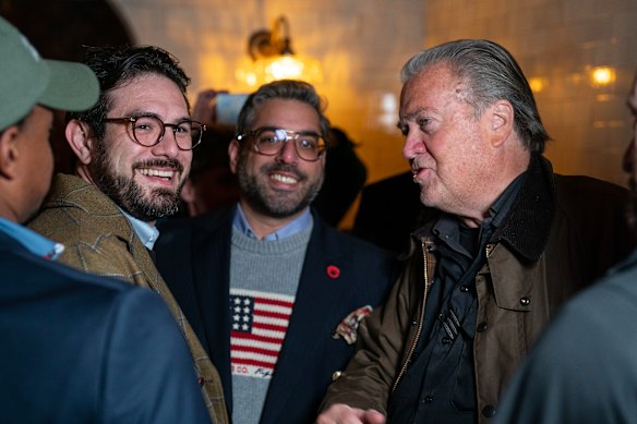 Steve Bannon at Butterworth&rsquo;s in Washington, a MAGA favourite owned by Australian Alex Butterworth (left) and Raheem Kassam.