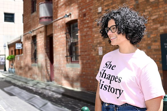Sita Sergeant runs ‘She Shapes History’ tours in Melbourne’s CBD highlighting the history of Melbourne’s ‘badass women’. Pictured in Madame Brussels Lane, Melbourne.