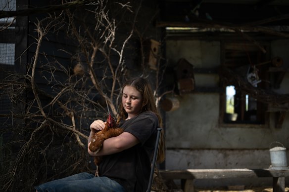 Mimi Highgate, holds a chicken as part of the Hands on Learning program at Mount Eliza Secondary College in Melbourne’s South East. 