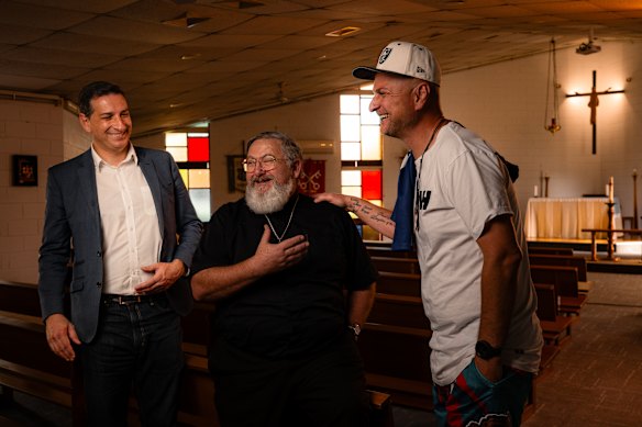 Banyule City Council deputy mayor Rick Garotti, vicar Stephen Monsiegneur and resident Brendan Murphy at St Peter’s Anglican Church in Bundoora. They have founded WARM - Winter Accommodation Resource Movement - a volunteer run program enabling homeless people to sleep inside four churches in North Eastern Melbourne this winter including this one in Bundoora.