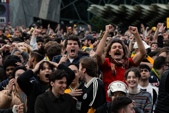 Fans in Federation Square celebrate the Socceroos' second goal during their win over Turkey in their World Cup game.