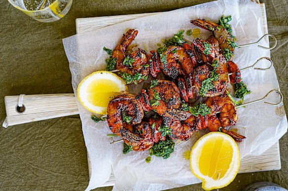 Mojo verde, a zingy Spanish sauce, lifts these prawn and chorizo skewers.