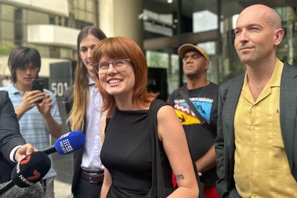 Emil Davey, Matilda Lane-Rose and Jesse Noakes outside Perth Magistrates Court on Monday following their sentencing.